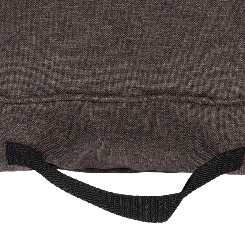 Close-up of brown fabric material with black carrying handle, possibly part of a pet bed or bag.