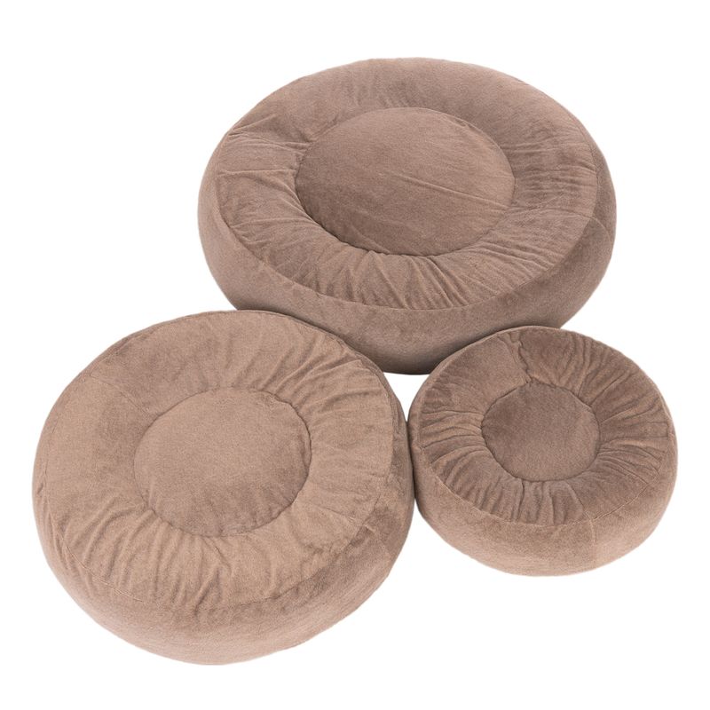 Three round brown cushions in different sizes, suitable for pet beds or as accessories.