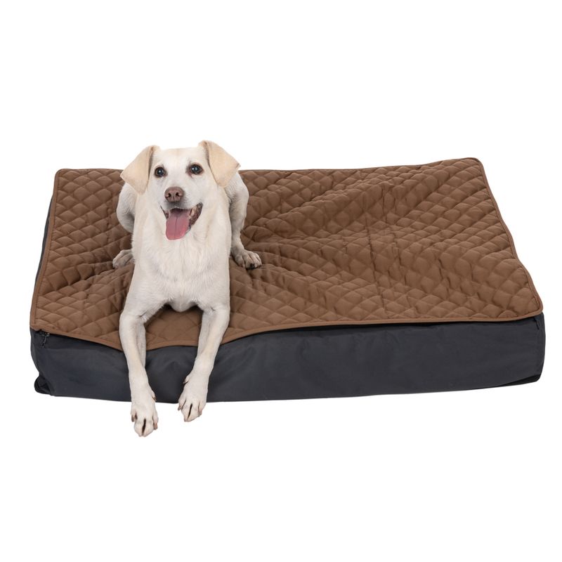 Dog lying on a brown, quilted dog bed with a black base.