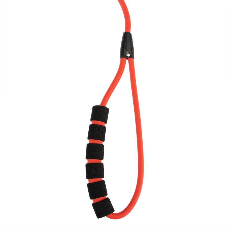 Red elastic band with black foam handles, suitable for fitness or training purposes.
