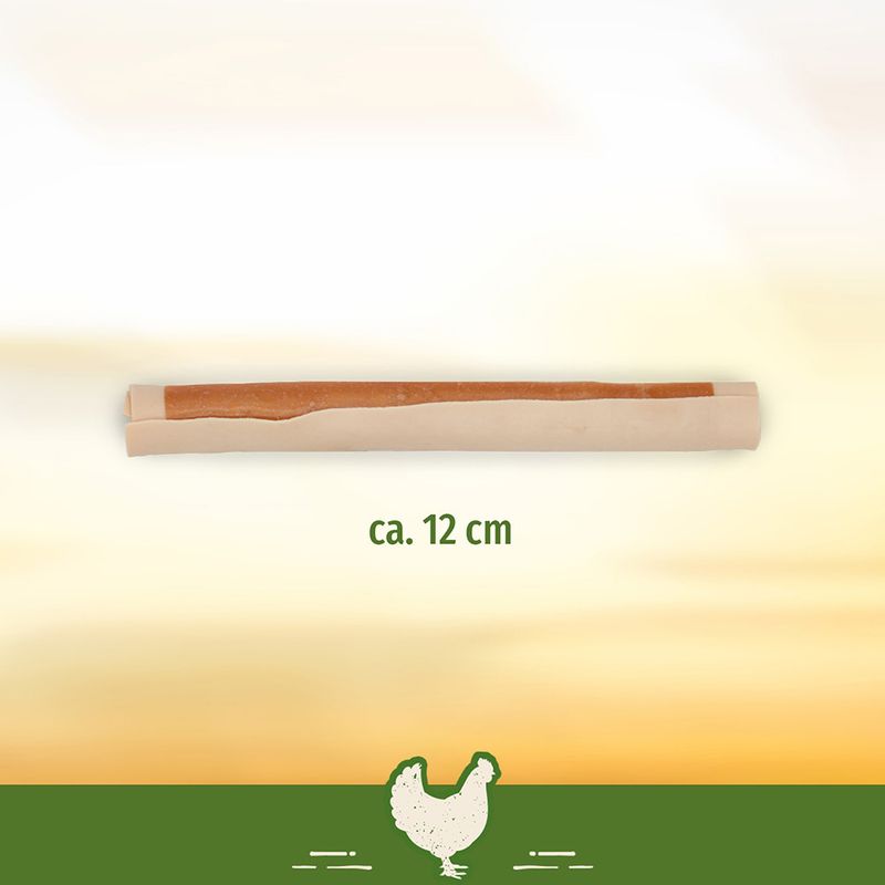 Chicken snack, approx. 12 cm long, with natural design and chicken symbol at the bottom of the image.