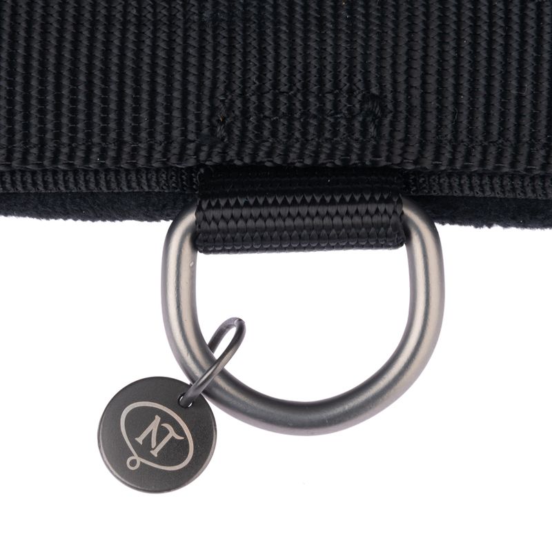 Close-up of a black nylon collar with metal D-ring and pendant with 'NT' logo.