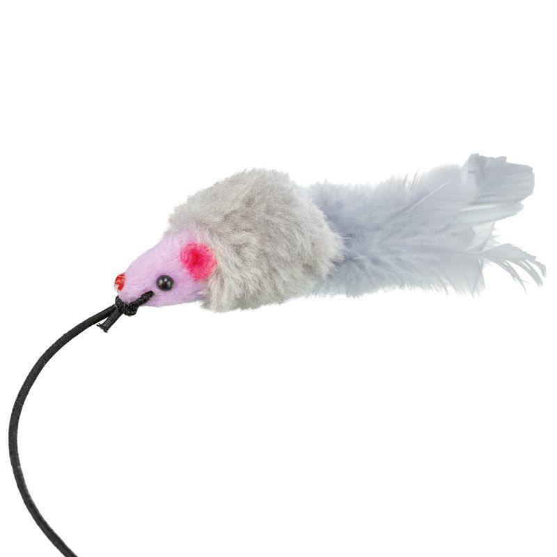 Toy mouse with pink head, grey fur and feather tail, attached to a black cord.