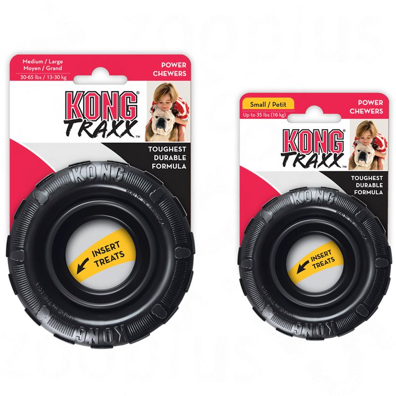 KONG Traxx Power Chewers dog toy, two sizes: Medium/Large 13–30 kg and Small up to 16 kg. Black rubber ring with 'INSERT TREATS' label. Toughest durable formula shown on packaging.