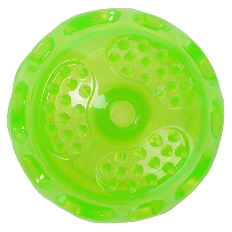 Green plastic ball with textured nubs, suitable for interactive play.