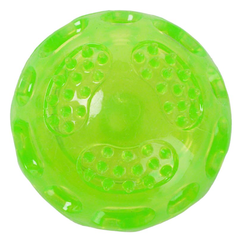 Green plastic ball with textured nubs, suitable for interactive play.