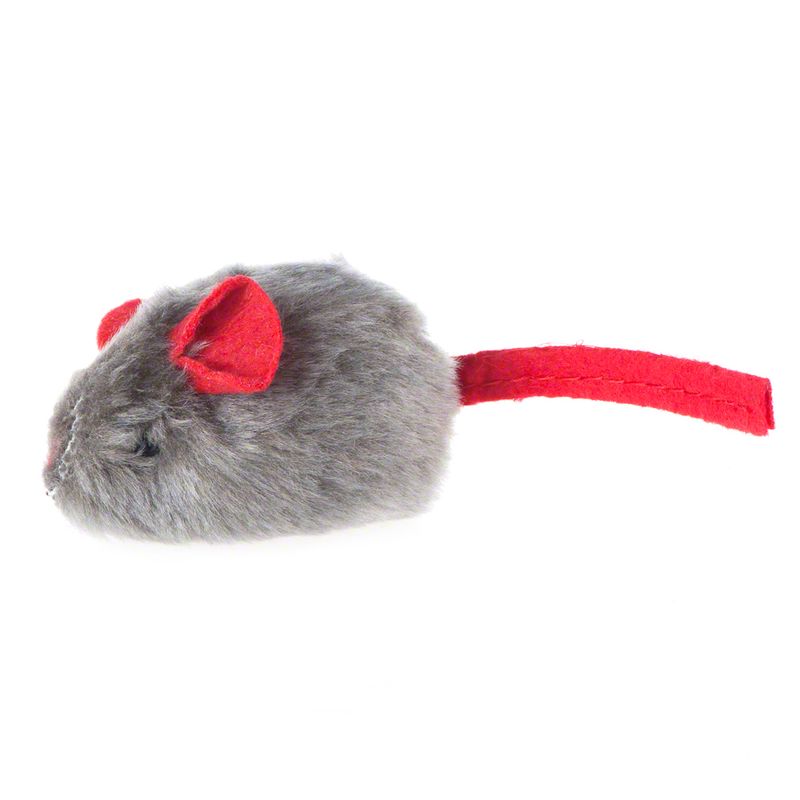 Grey plush toy in the shape of a mouse with red felt ears and a red tail.