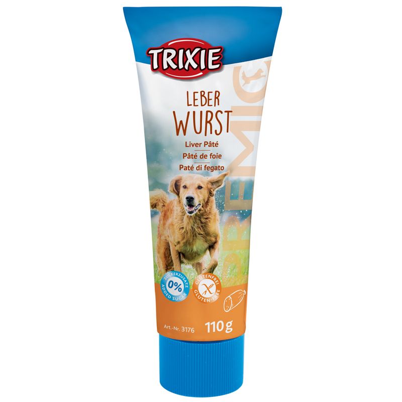 Trixie liver sausage, 110 g tube. Sugar-free and gluten-free. Item no. 3176. Liver pâté in German, English, French and Italian.
