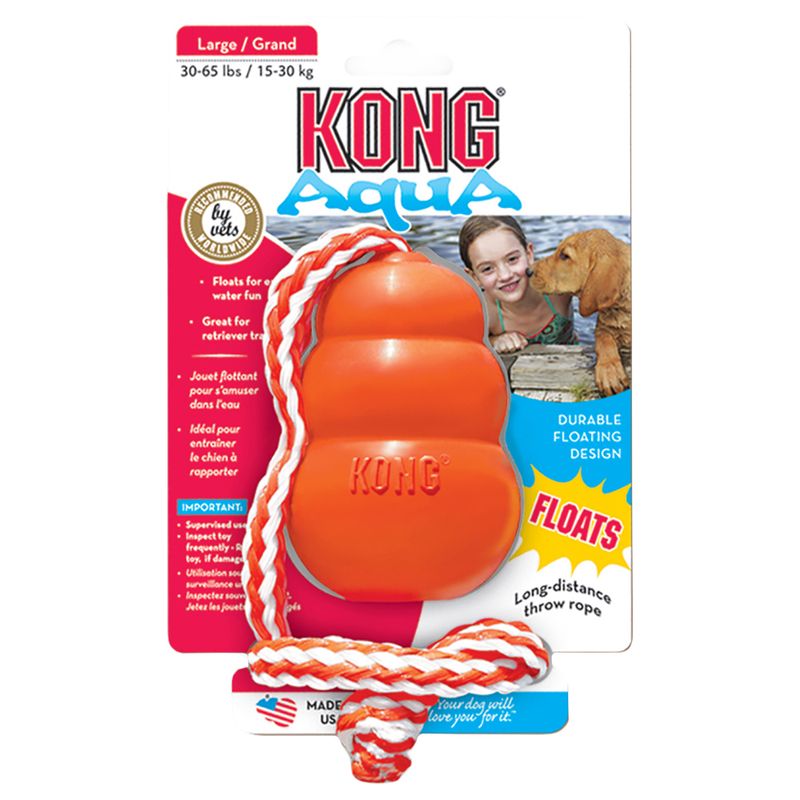 KONG Aqua toy, floating design, size Large for dogs 15-30 kg. With throwing rope, ideal for retrieval training and water games. Made in USA.
