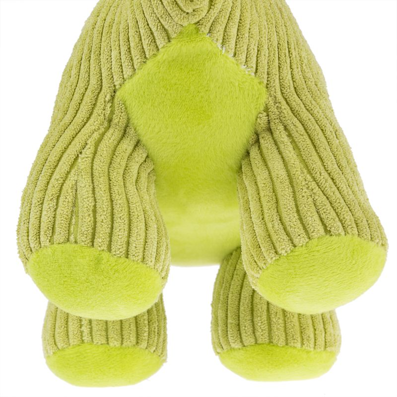 Green plush toy with ribbed legs and soft surface, suitable for pets.