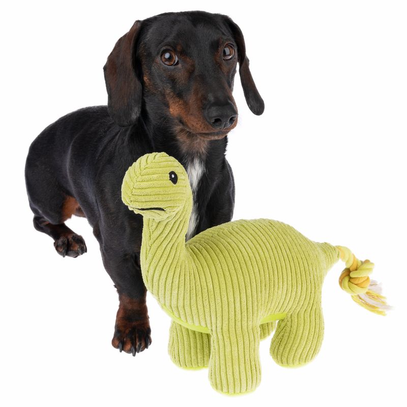 Dog next to green dinosaur toy made of fabric with striped texture and braided tail.