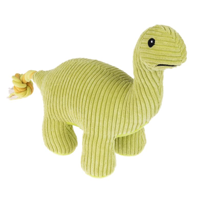 Green dinosaur toy made of ribbed fabric with knotted tail, suitable for pets.