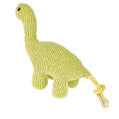 Green dinosaur fabric toy with yellow rope tail, suitable for pets.