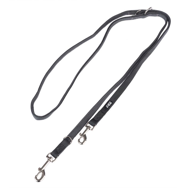 Black dog lead with two metal carabiners and FIC logo on the strap.