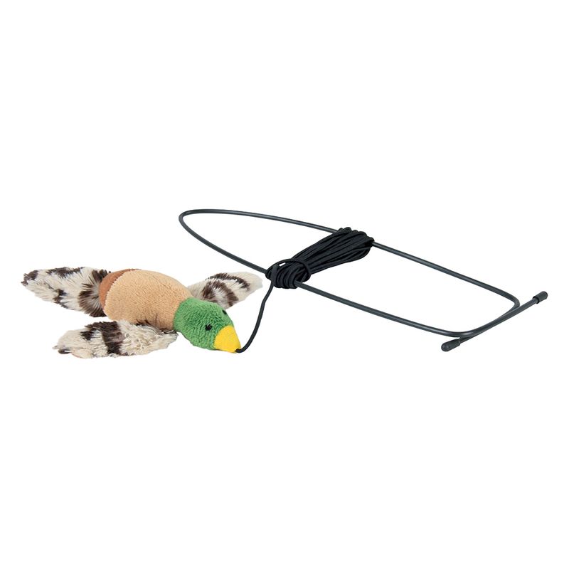 Toy duck with green head, yellow beak and brown feathers, connected by a black rubber band and metal frame.