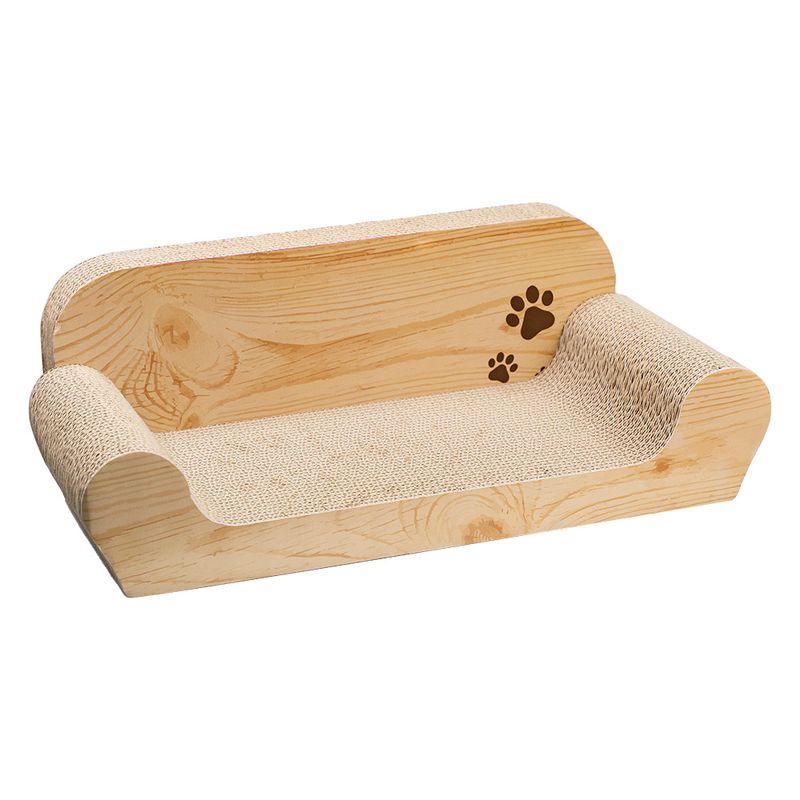 Scratching furniture with wood look, wave-shaped scratching surface made of cardboard and two paw prints as decoration.