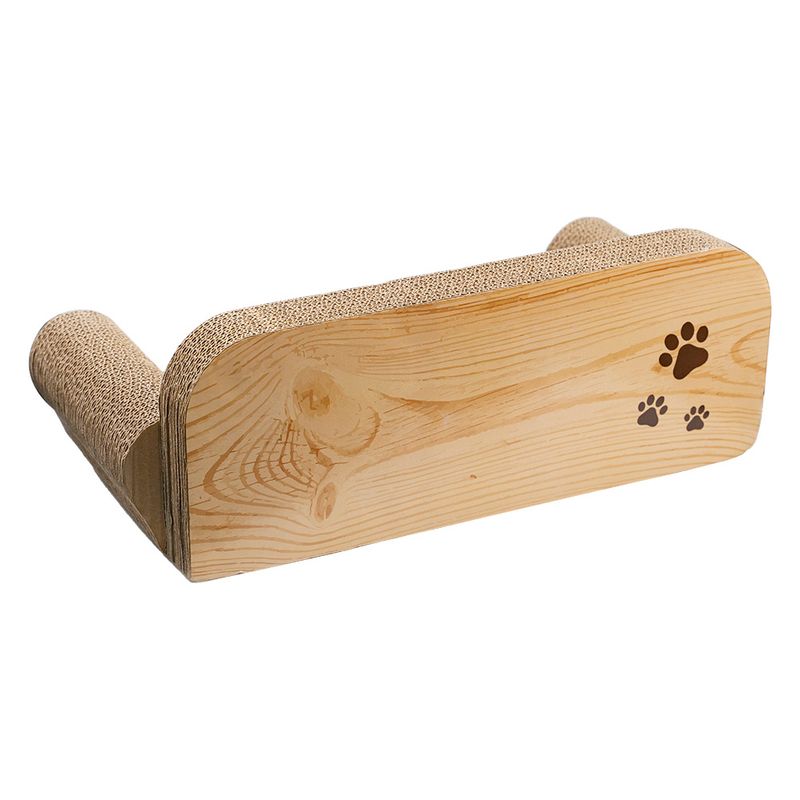 Scratching board made of wood with a cardboard scratching surface, decorated with three paw prints on the front.