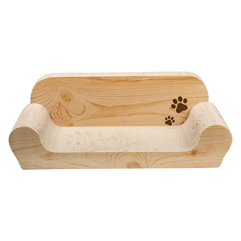 Wooden scratching furniture with curved design and scratching surface, decorated with two paw prints.