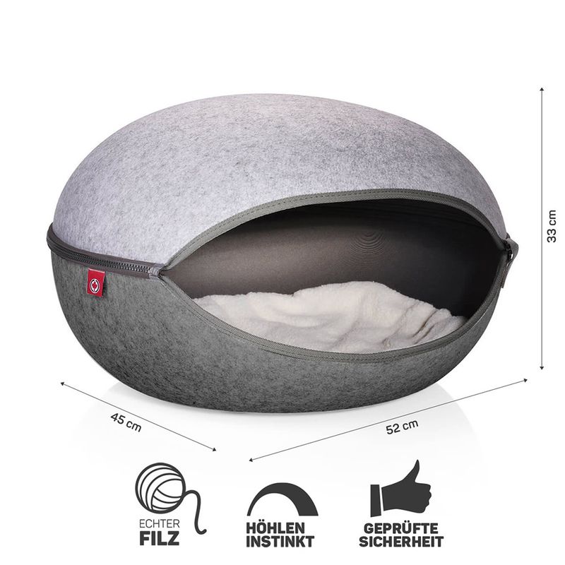 Grey felt cave with soft inner padding, size: 45x52x33 cm. Icons: Genuine felt, cave instinct, tested safety.