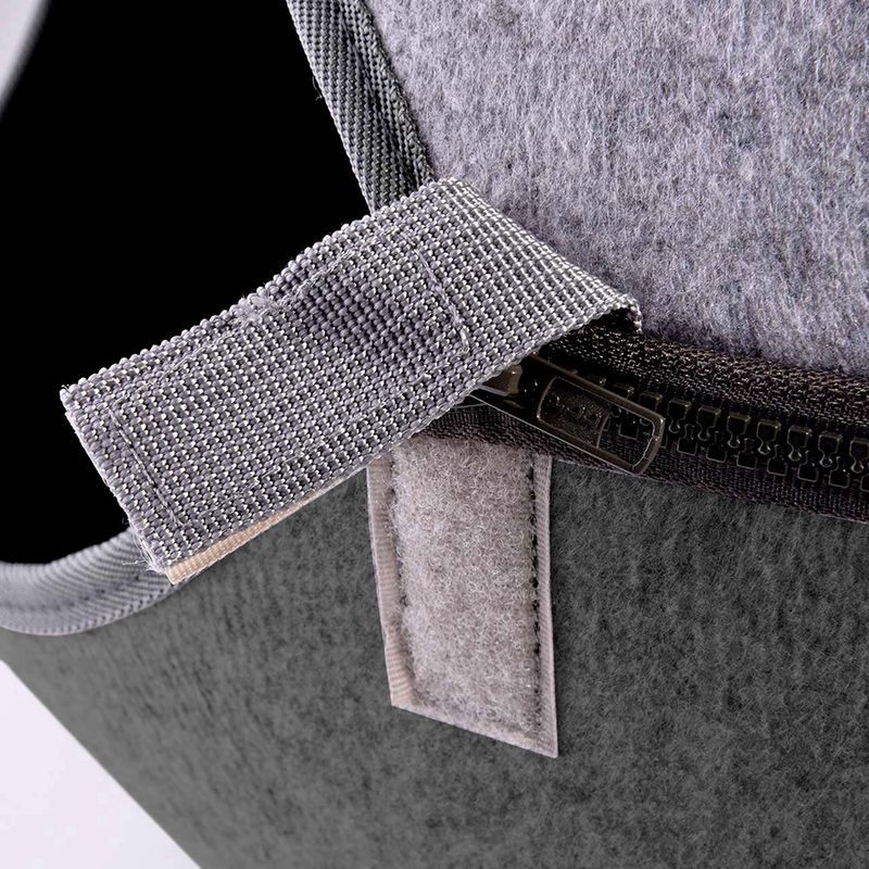 Close-up of grey felt material with hook-and-loop fastener and zip, showing the workmanship and functionality of the product.