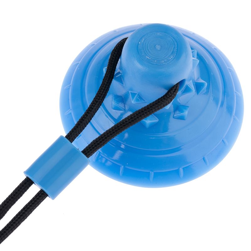 Blue plastic toy with studs and black cord, suitable for pulling or chewing.