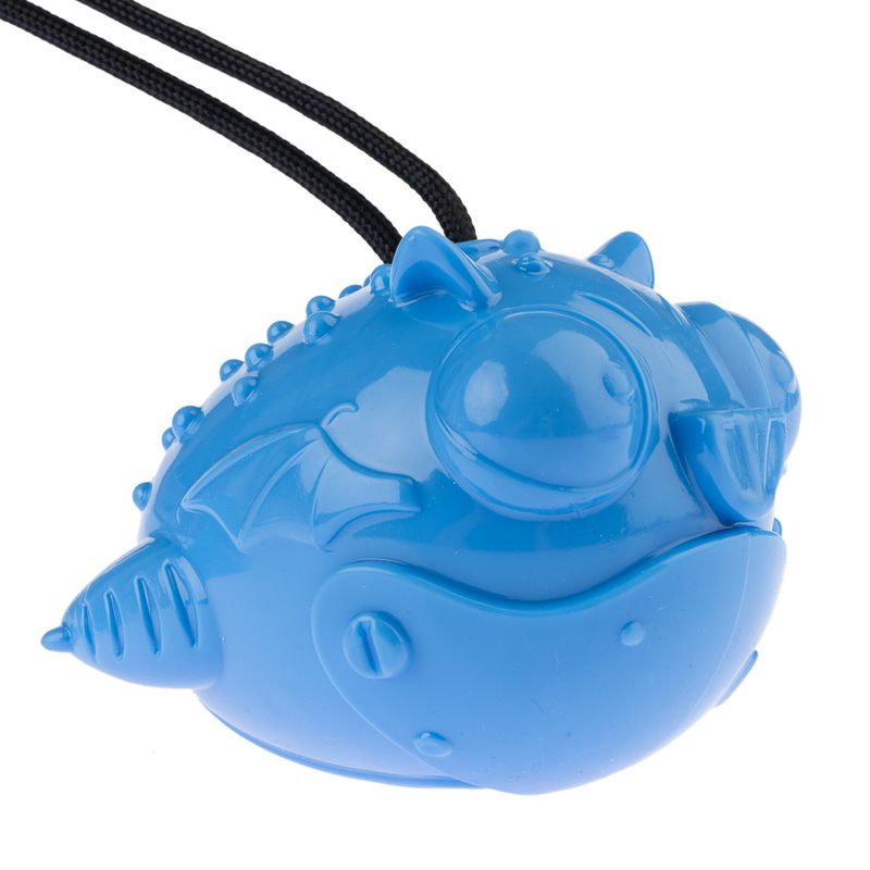 Blue dragon-shaped toy made of plastic with black cords, suitable for interactive play.
