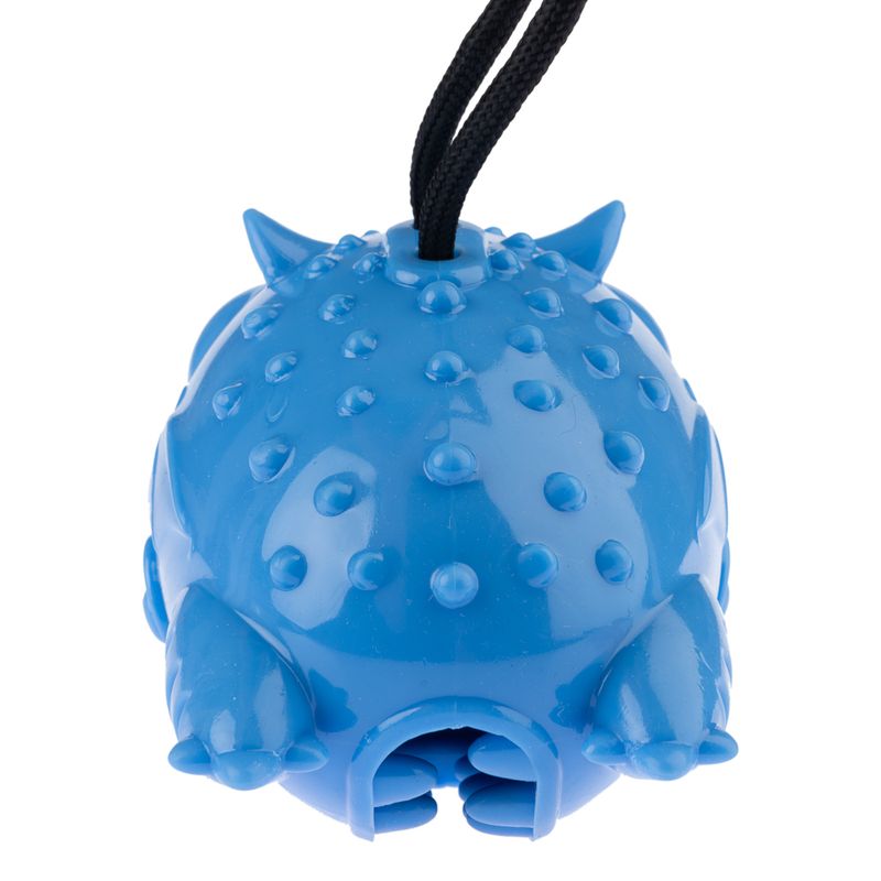 Blue animal-shaped toy with bumps and a black cord, suitable for pulling or playing.