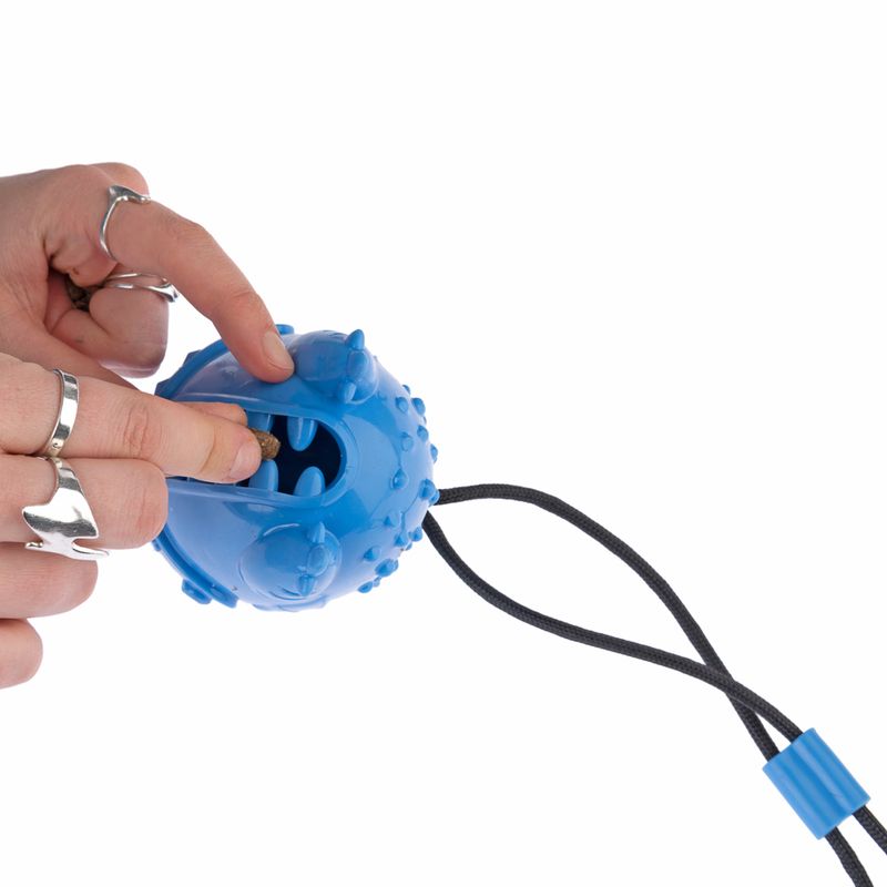 Blue play ball with nubs and an opening for inserting a treat. Black cord with handle attached to the ball.