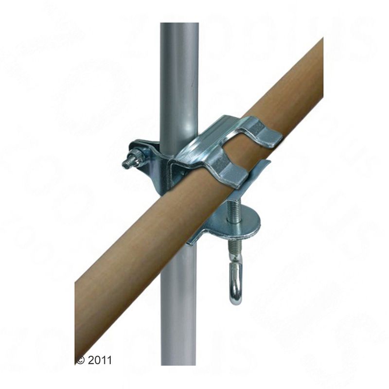 Metal bracket for attaching a wooden rod to a metal tube, suitable for cage accessories or bird perches.