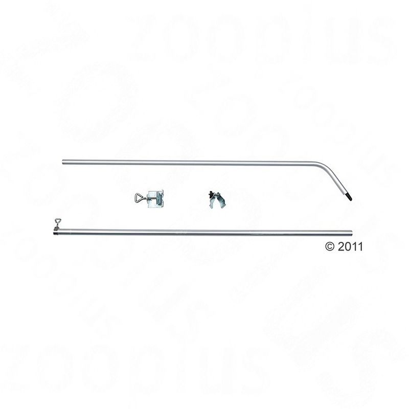 Metal rods and accessories for assembly, including clamps and screws. Suitable for installation or fastening.
