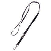 Black leather dog lead with adjustable length and metal snap hook.