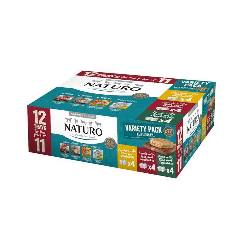 Naturo variety pack with brown rice, 12 trays for the price of 11. Contains 4 chicken with rice and vegetables, 4 lamb with rice and vegetables, 4 duck with rice and vegetables.