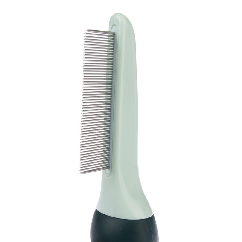 Comb with metal teeth and ergonomic handle, suitable for coat care.