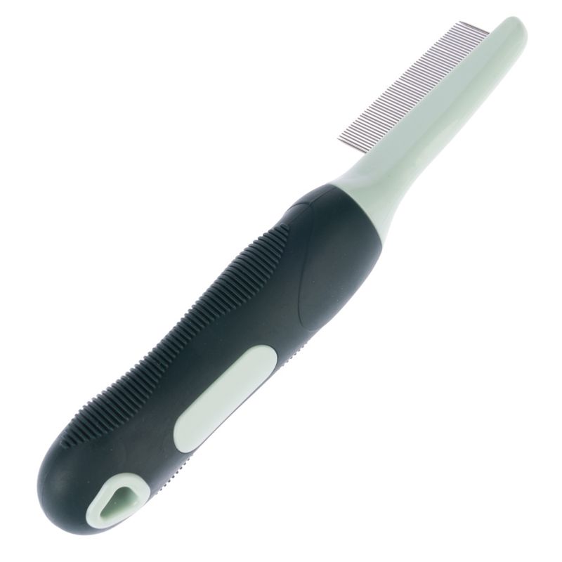 Fine-toothed comb with ergonomic handle in black and white, suitable for precise brushing.