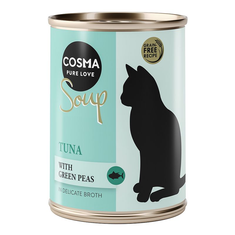 Cosma Pure Love Soup, grain-free recipe, tuna with green peas in delicate broth. Silhouette of a cat on the can.