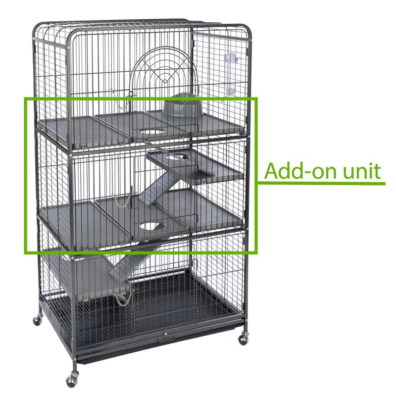 Wire cage with a highlighted section labelled 'Add-on unit', showing the additional middle compartment and ramps for expanding the enclosure.