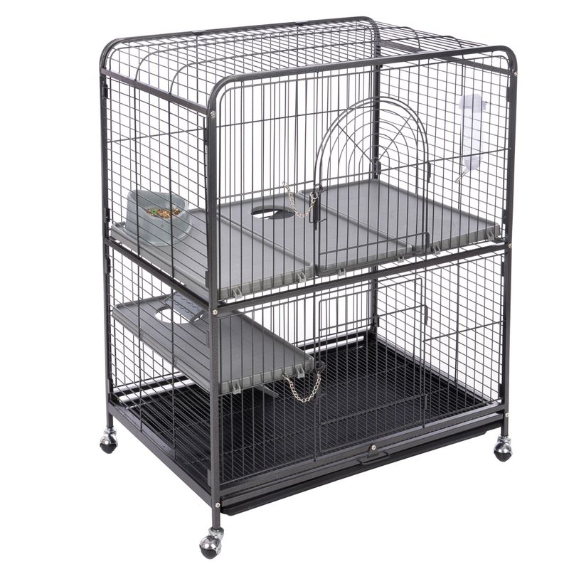 Metal cage with two levels, ramps, feeding area and wheels. Grid design with lockable door and pull-out base for easy cleaning.