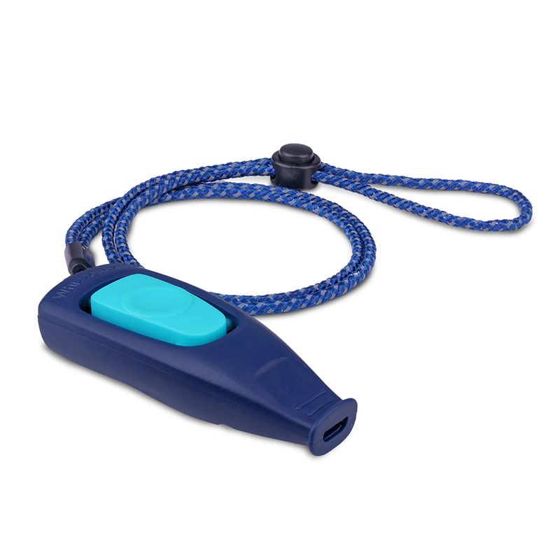 Blue clicker with turquoise button and blue braided wrist strap, suitable for training or education.