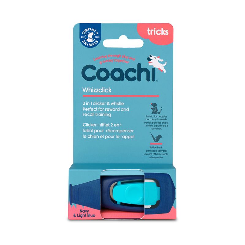 Coachi Whizzclick, 2-in-1 clicker and whistle, ideal for reward and recall training. Navy & light blue. Includes reflective and adjustable strap.