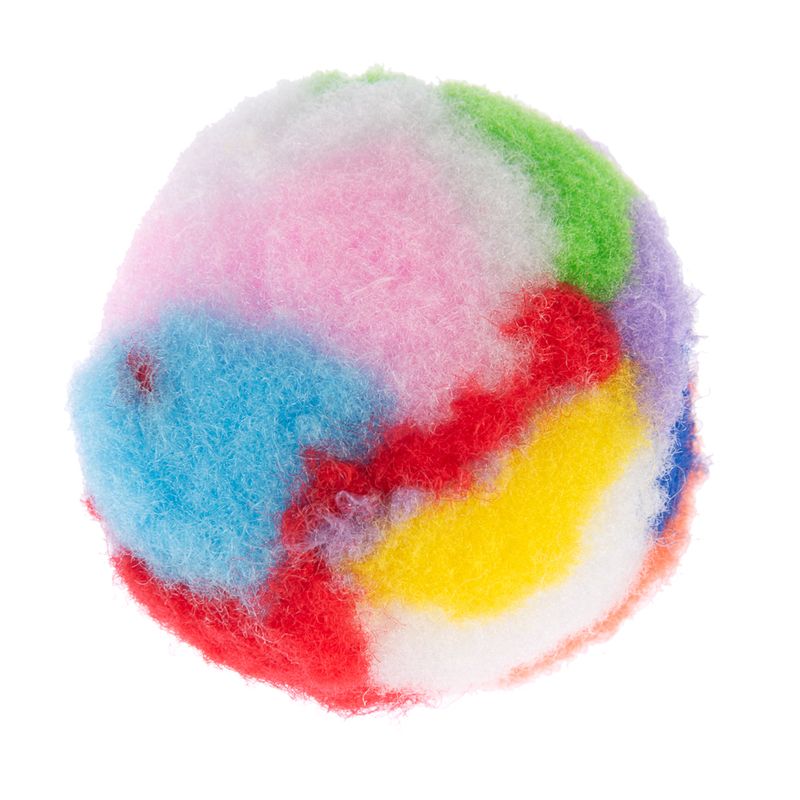 Colourful ball made of soft, fluffy material in blue, red, yellow, green, purple and white.