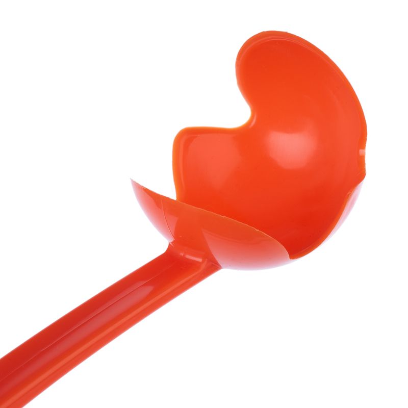 Red plastic scoop with ergonomic handle, suitable for portioning pet food.