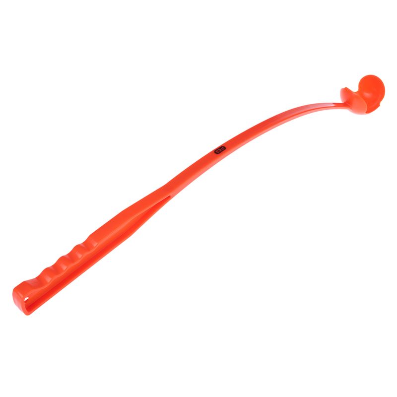 Orange plastic ball thrower with ergonomic handle and curved shape.