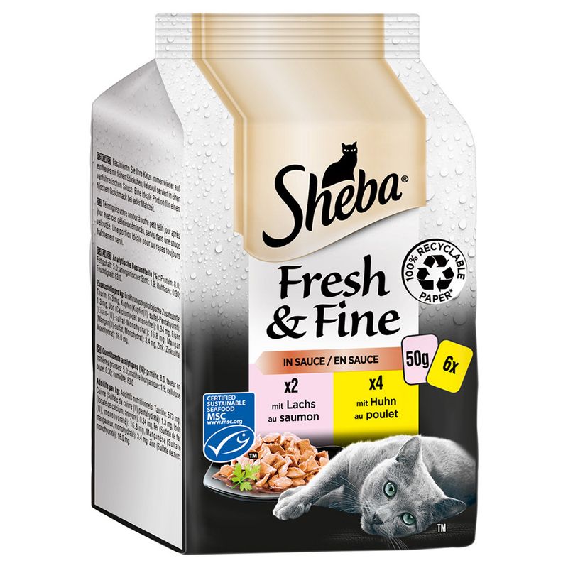 Sheba Fresh & Fine in Sauce, 6x50g, 2x with salmon, 4x with chicken, 100% recyclable paper, MSC certified for sustainable seafood.
