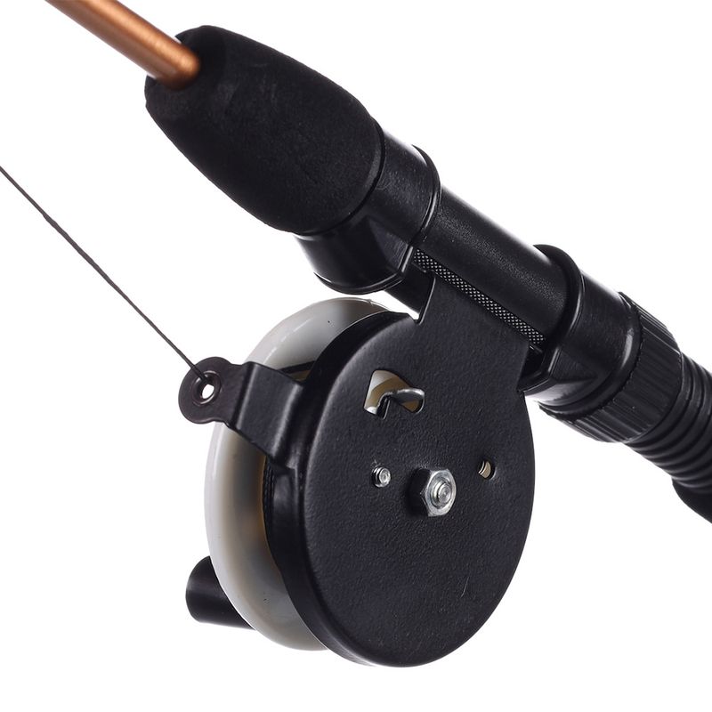 Close-up of a black fishing reel with handle and copper rod, suitable for fishing accessories.