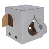 Cardboard house with multiple entrances and play opening, made of white cardboard with grey design. Suitable as a play or hiding place.