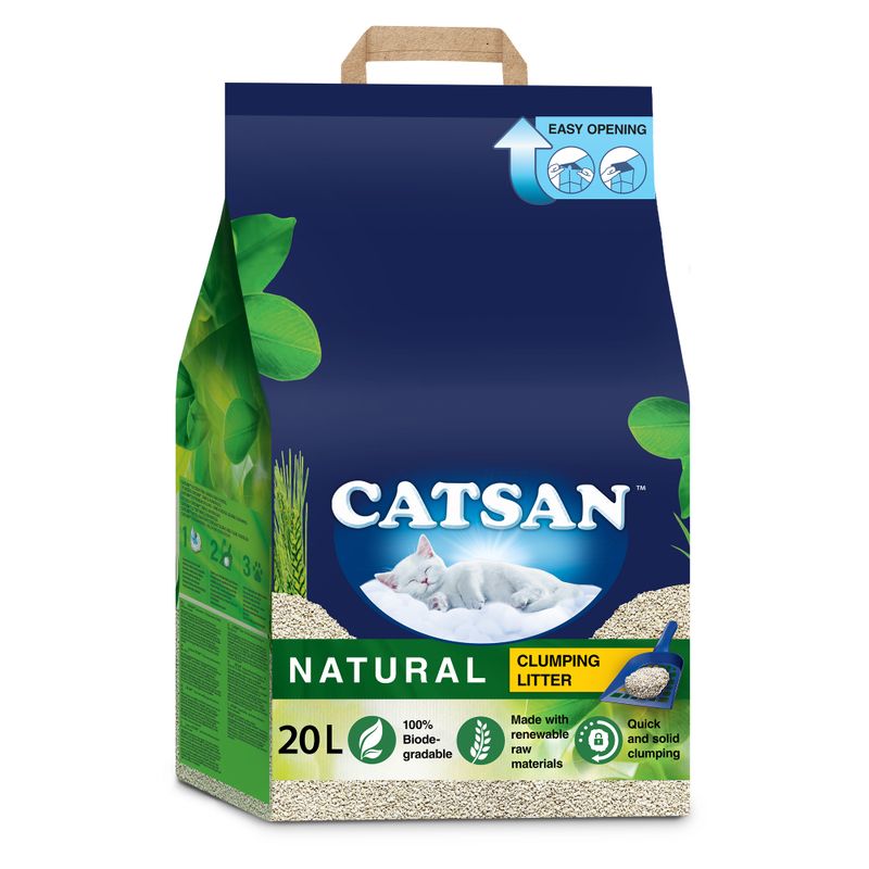 Catsan Natural clumping litter, 20 litres. 100% biodegradable, made with renewable raw materials, quick and solid clumping. Easy opening shown at top of pack.