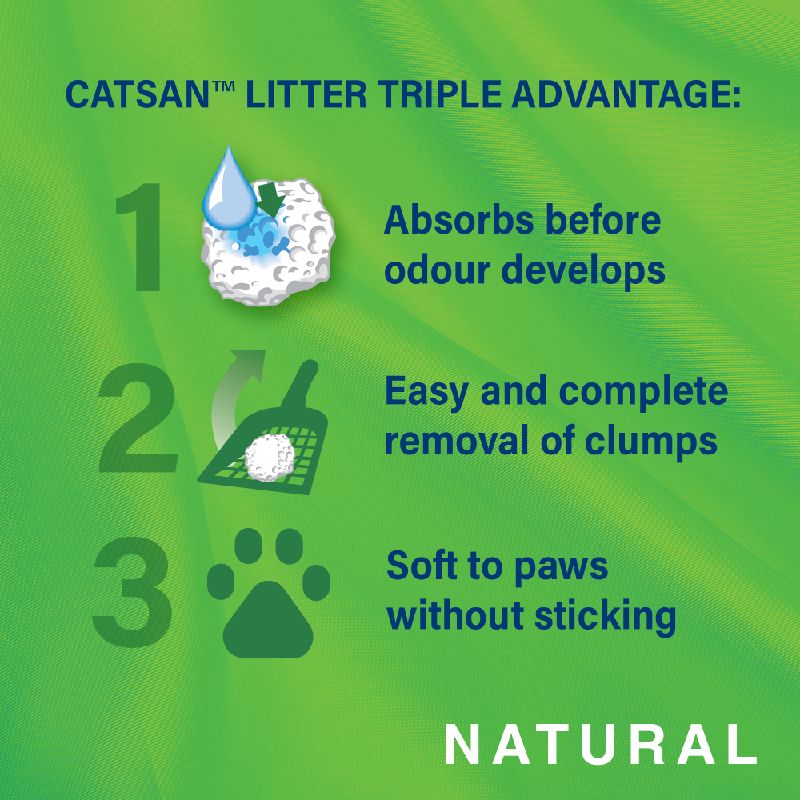 Catsan litter triple advantage: absorbs before odour develops, easy and complete removal of clumps, soft to paws without sticking. Natural.