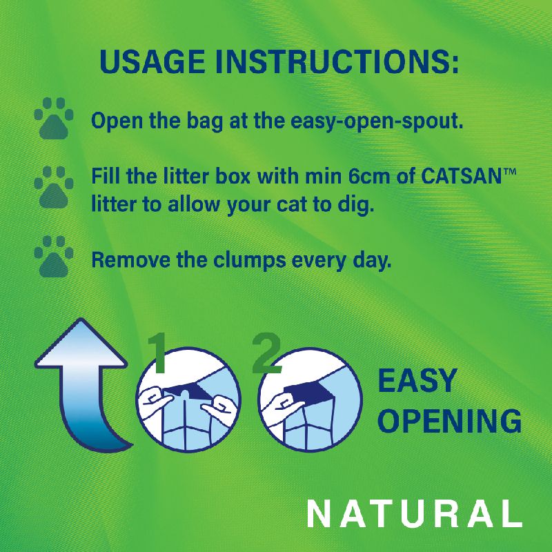 Usage instructions: open bag at easy-open spout, fill litter box with minimum 6cm of CATSAN litter, remove clumps daily. Easy opening steps shown. Text 'NATURAL' included.