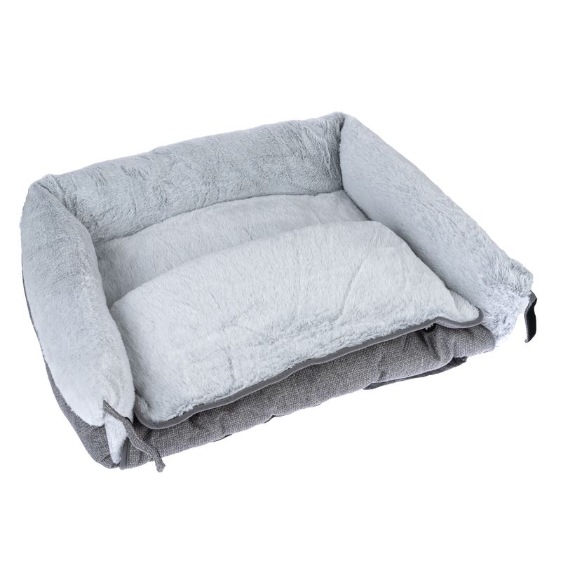 Grey, rectangular pet bed with soft plush surface and padded side walls.