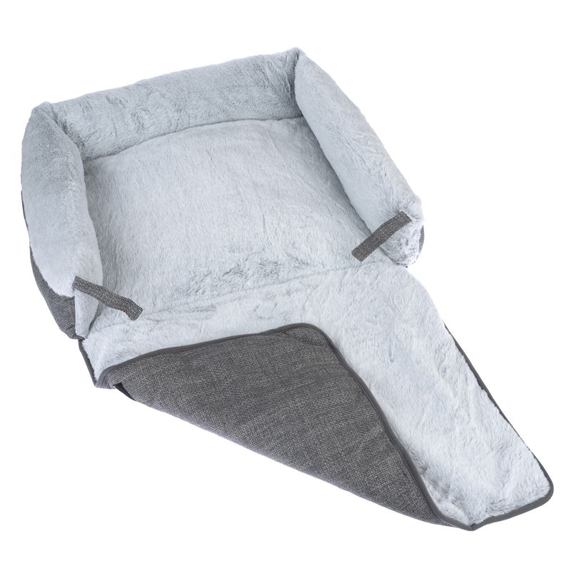 Grey, foldable pet bed with soft plush surface and adjustable straps. Suitable for comfort and easy handling.